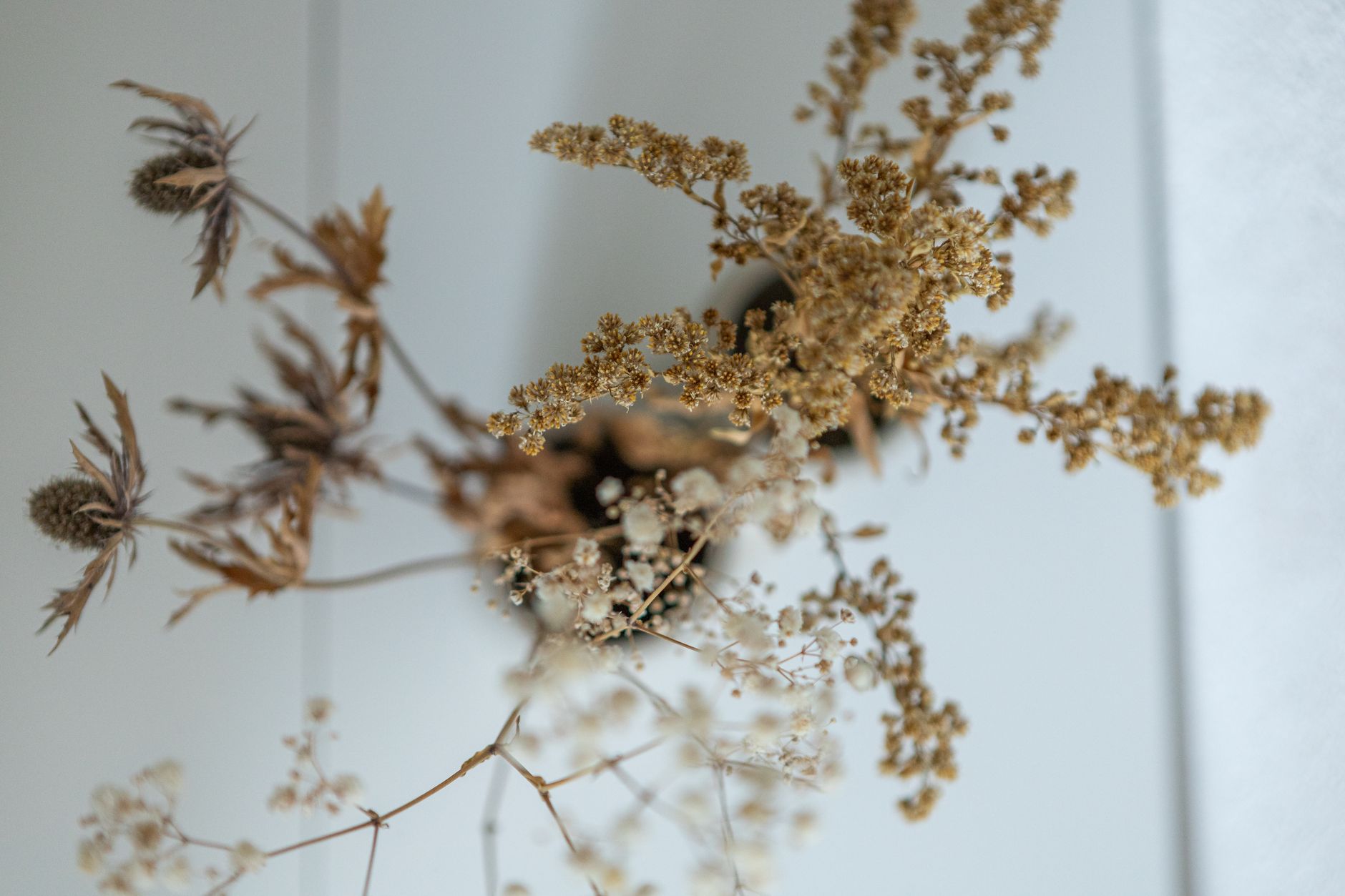 Detalles decorativos sutiles en un interior costero, incluyendo plantas verdes, cestas de fibras naturales y jarrones de cristal.